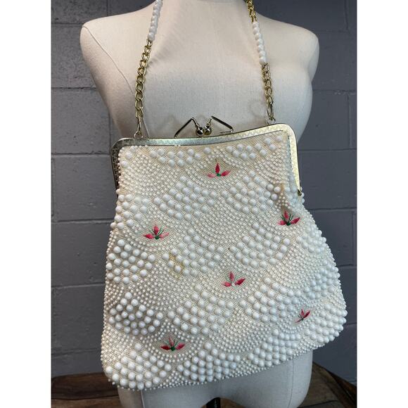 Vtg 1950s Big Scalloped Corde Bead Handbag Purse Pink Floral Chain Bead Strap - Picture 1 of 12
